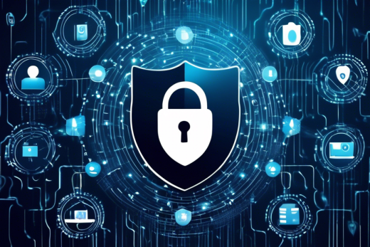 Create an image that visually represents the concept of a comprehensive internet privacy policy. The image should depict a digital shield protecting personal data represented by binary code, padlocks, and privacy icons like a fingerprint and an eye icon crossed out. In the background, show abstract representations of interconnected networks and digital devices like smartphones and laptops. The overall tone should be secure and trustworthy, with a calming color palette of blues and whites.